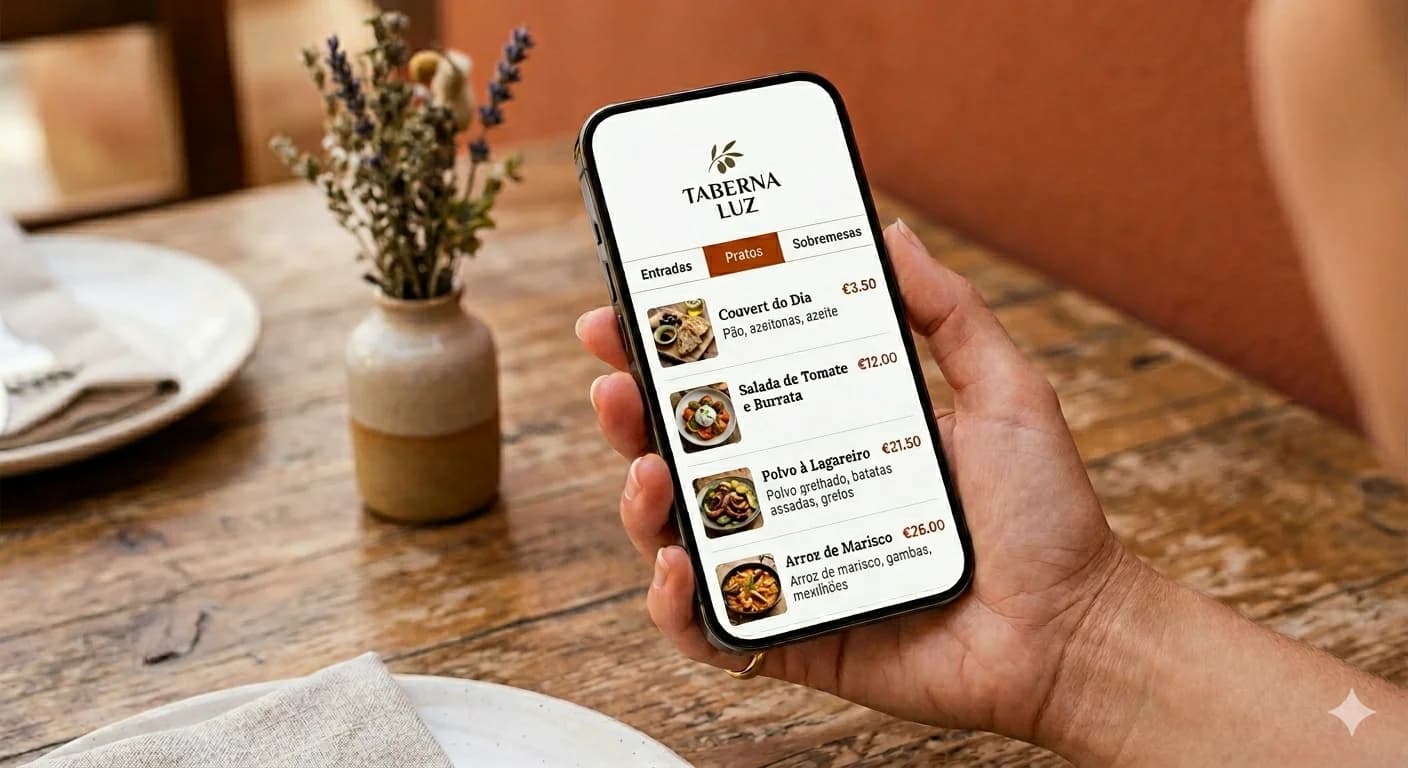 Menu digital num telemóvel com pratos portugueses e preços em euros