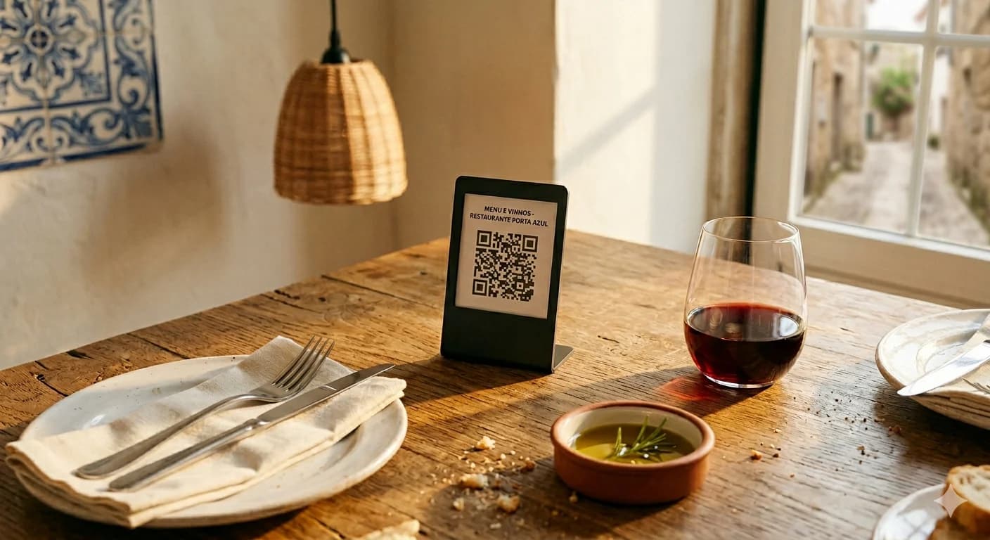 QR code numa mesa de restaurante português com vinho e azeite